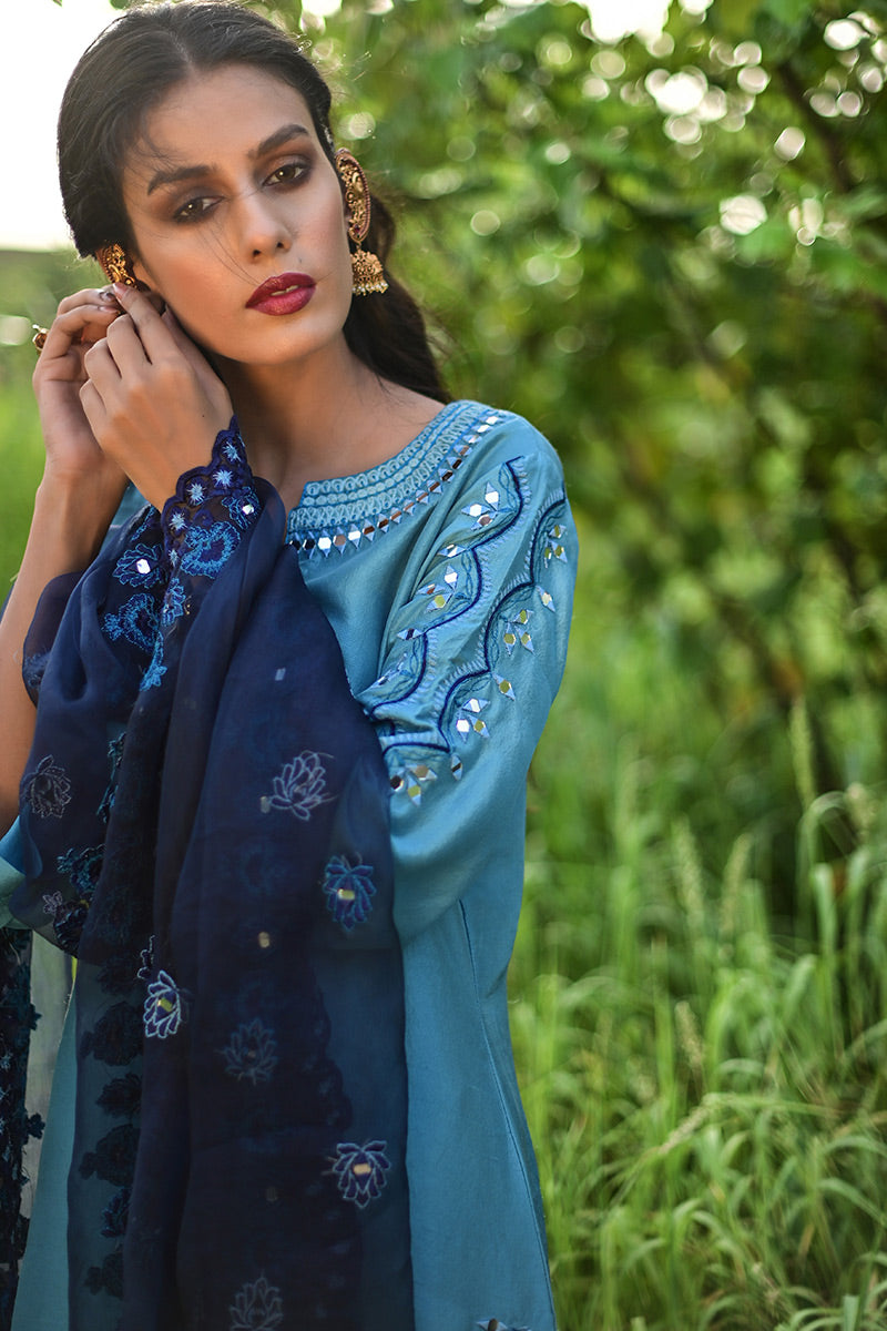 Teal Blue Mirror Work Raw Silk Salwar Kameez (3-Piece) - Image 4