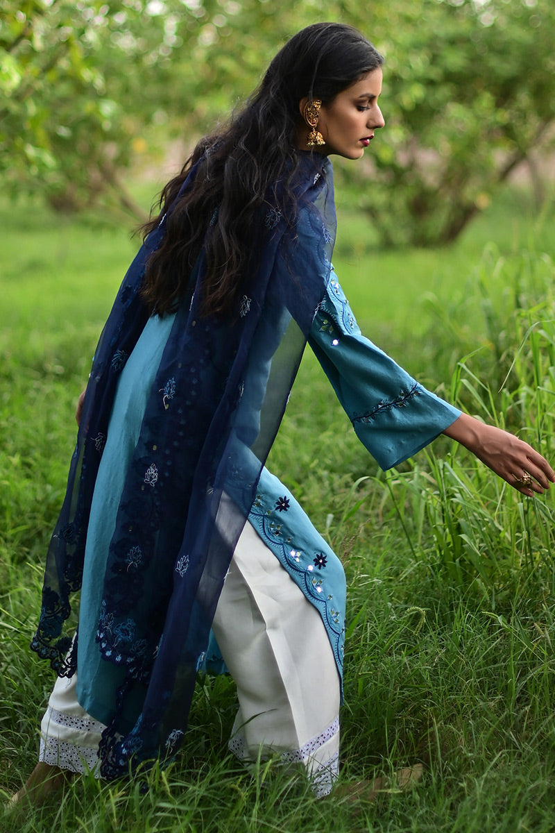 Teal Blue Mirror Work Raw Silk Salwar Kameez (3-Piece) - Image 5