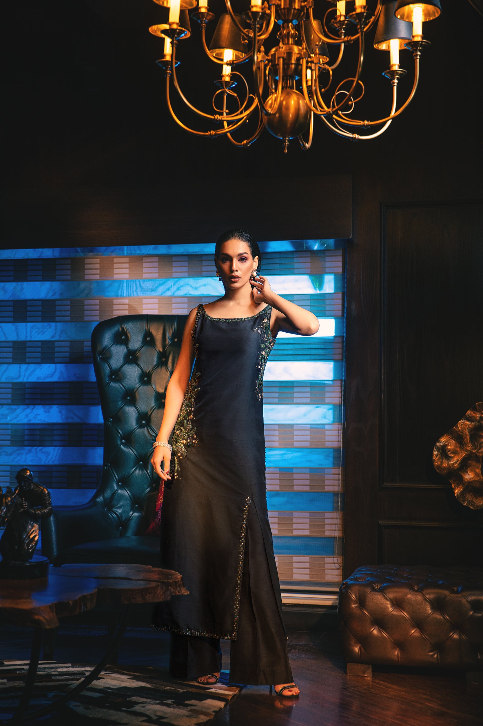 Pakistani Midnight Blue Embroidered Raw Silk Salwar Kameez (2-Piece) - Image 2