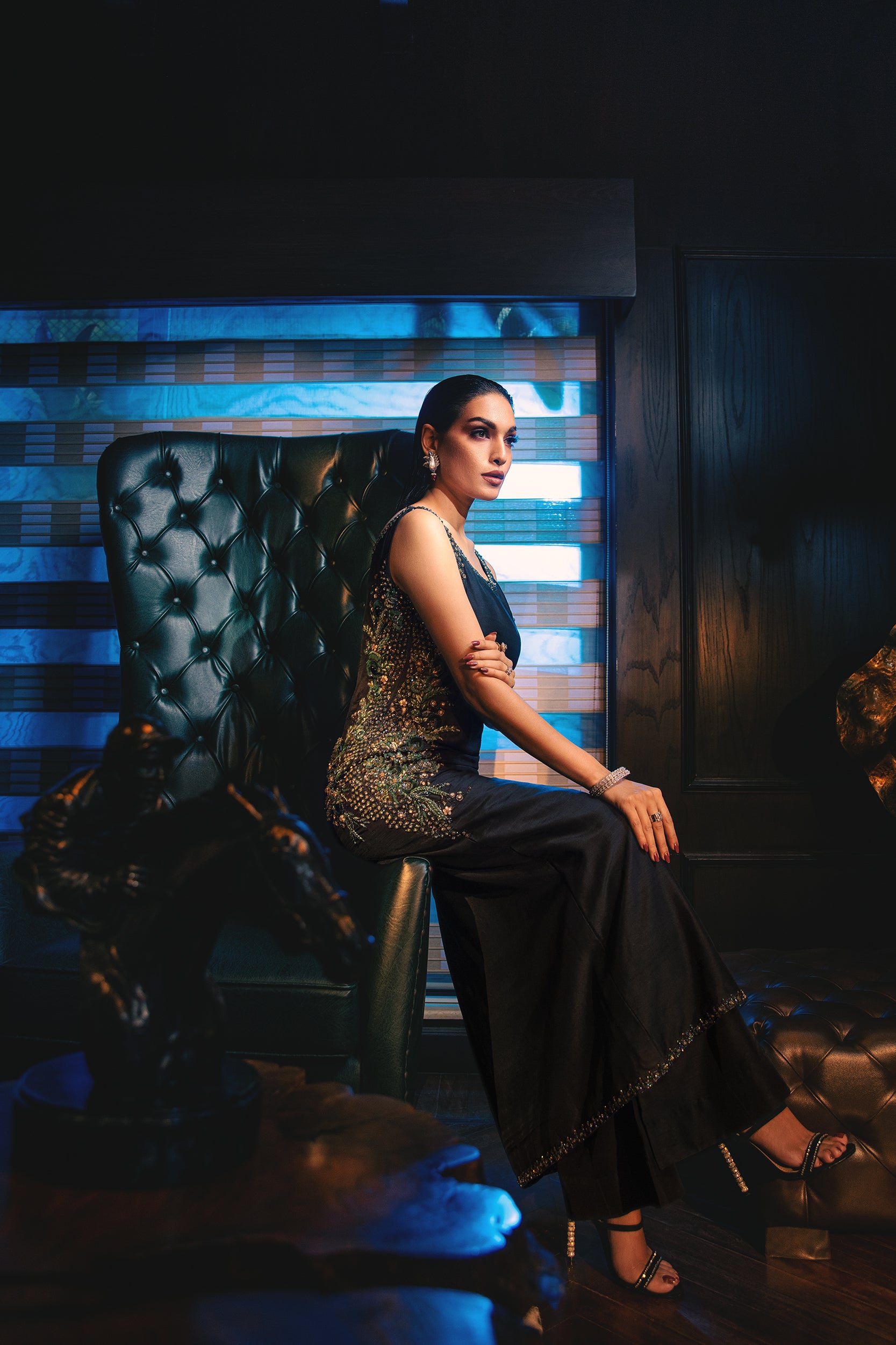 Pakistani Midnight Blue Embroidered Raw Silk Salwar Kameez (2-Piece) - Image 4