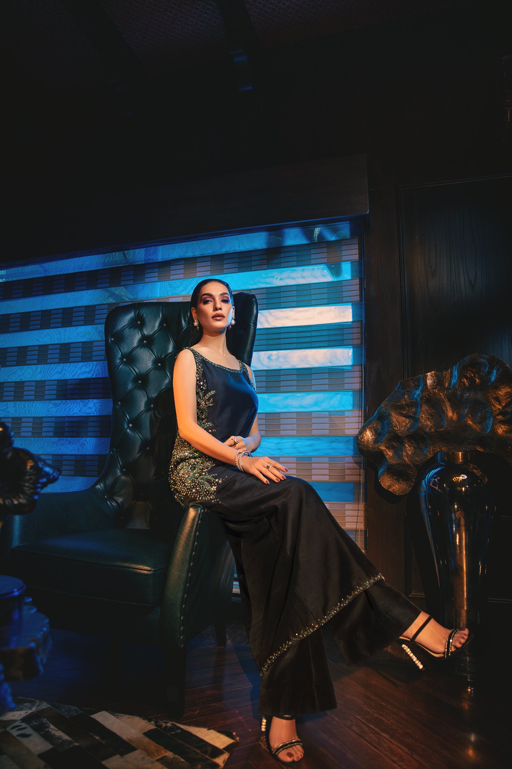 Pakistani Midnight Blue Embroidered Raw Silk Salwar Kameez (2-Piece) - Image 5