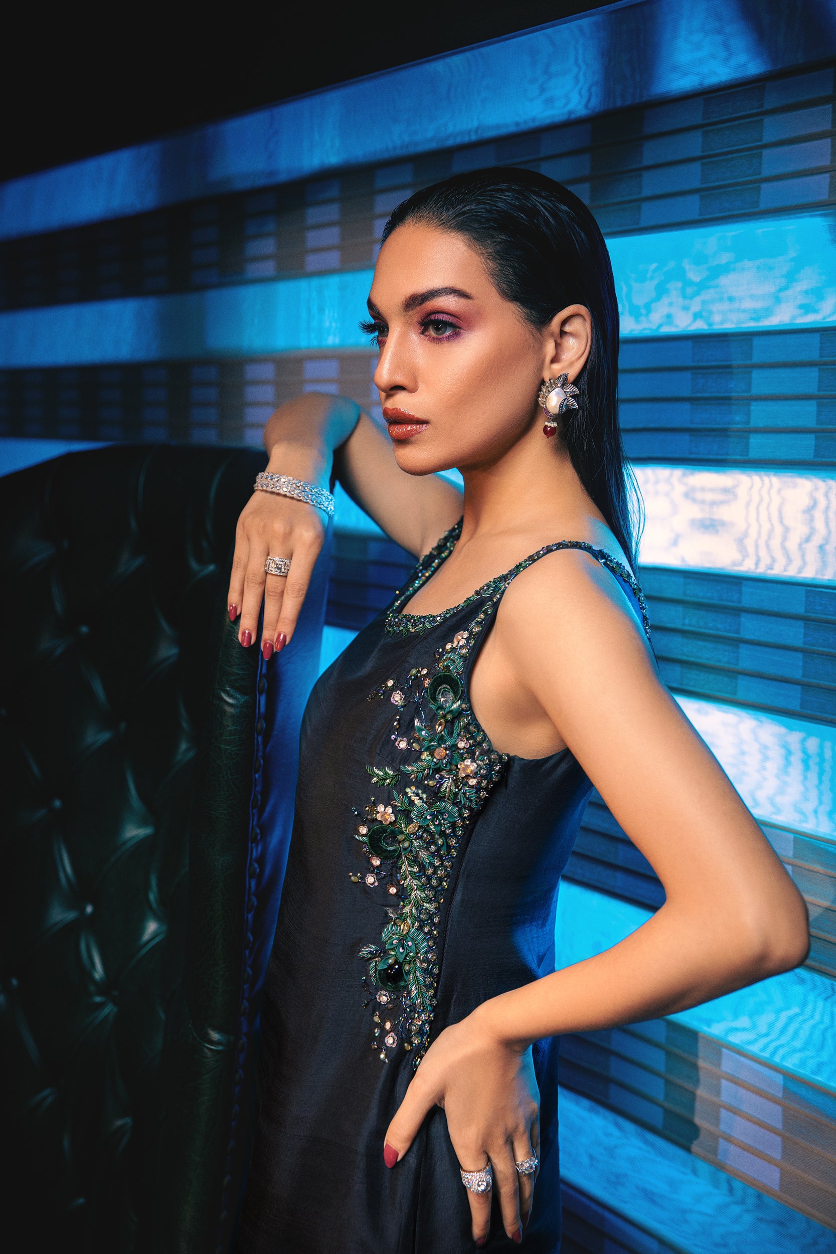 Pakistani Midnight Blue Embroidered Raw Silk Salwar Kameez (2-Piece) - Image 6