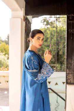 Cobalt Blue Naqshi Raw Silk Salwar Kameez (3-Piece) - Image 1