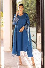 Cobalt Blue Naqshi Raw Silk Salwar Kameez (3-Piece) - Image 3