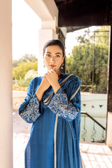 Cobalt Blue Naqshi Raw Silk Salwar Kameez (3-Piece) - Image 5