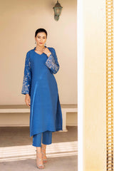 Cobalt Blue Naqshi Raw Silk Salwar Kameez (3-Piece) - Image 6