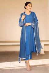 Pakistani Cobalt Blue Naqshi Raw Silk Kurta Set (3-Piece) - Image 4