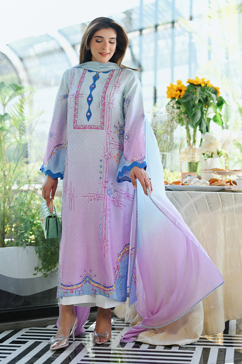 Pakistani Blue to Lilac Embellished Pure Raw Silk Salwar Kameez (3-Piece) - Image 1