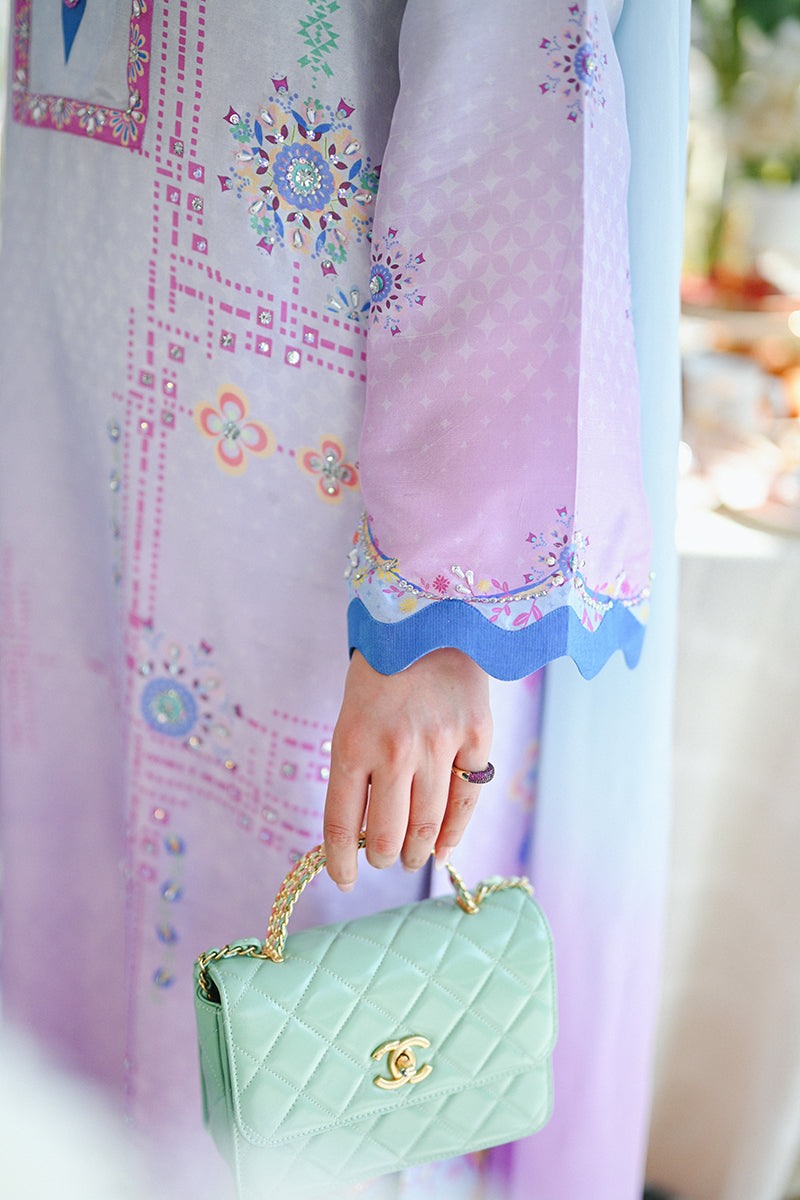 Pakistani Blue to Lilac Embellished Pure Raw Silk Salwar Kameez (3-Piece) - Image 3