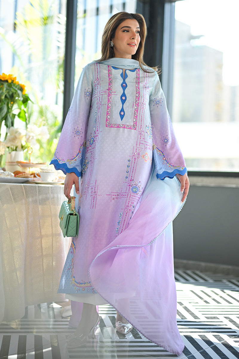 Pakistani Blue to Lilac Embellished Pure Raw Silk Salwar Kameez (3-Piece) - Image 5