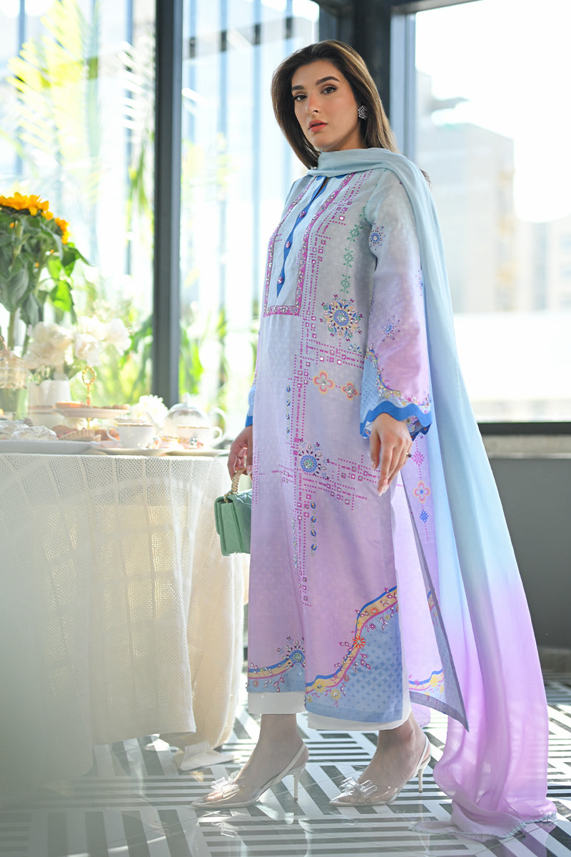 Pakistani Blue to Lilac Embellished Pure Raw Silk Salwar Kameez (3-Piece) - Image 6