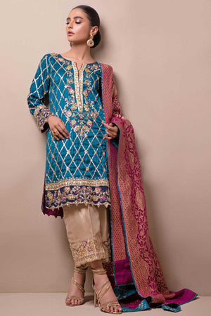 Turquoise Harlequin Embroidered Raw Silk Salwar Kameez (3-Piece) - Image 1