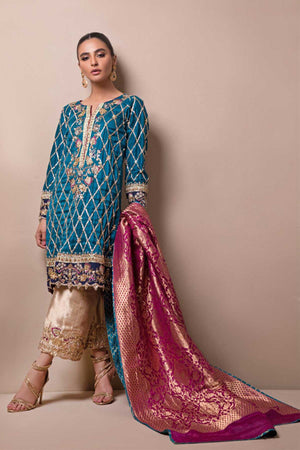 Turquoise Harlequin Embroidered Raw Silk Salwar Kameez (3-Piece) - Image 2