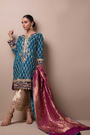Turquoise Harlequin Embroidered Raw Silk Salwar Kameez (3-Piece) - Image 3