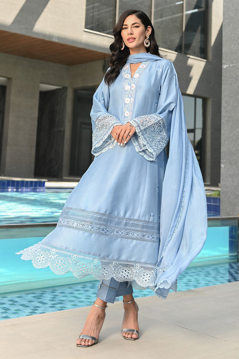 Pakistani Ice Blue Schiffli Embroidered Raw Silk Salwar Kameez (3-Piece) - Image 1