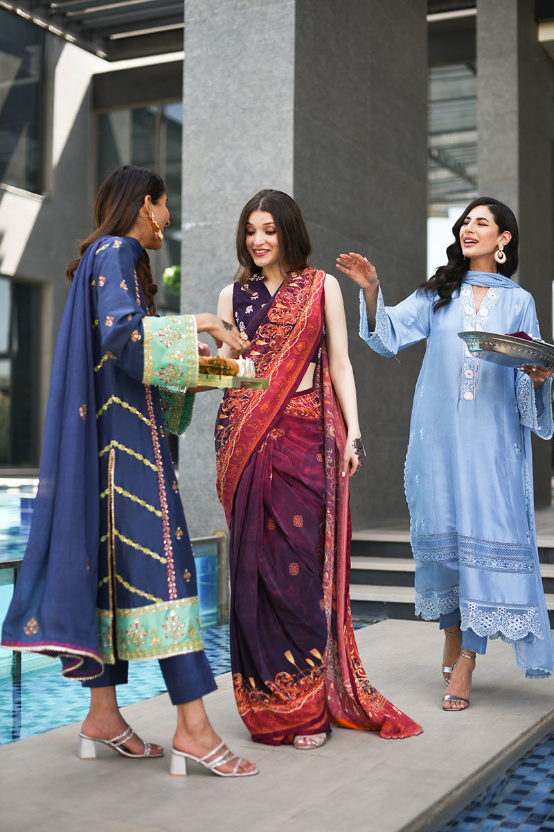 Pakistani Ice Blue Schiffli Embroidered Raw Silk Salwar Kameez (3-Piece) - Image 11