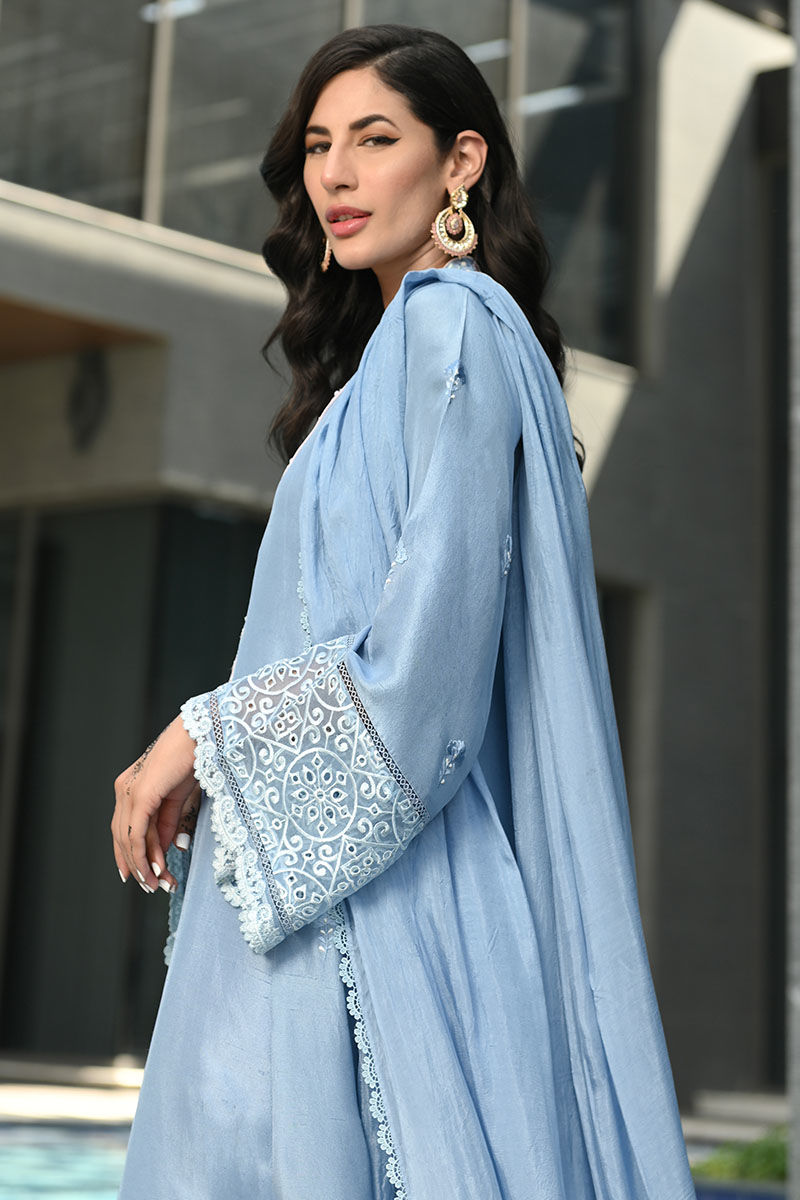 Pakistani Ice Blue Schiffli Embroidered Raw Silk Salwar Kameez (3-Piece) - Image 4