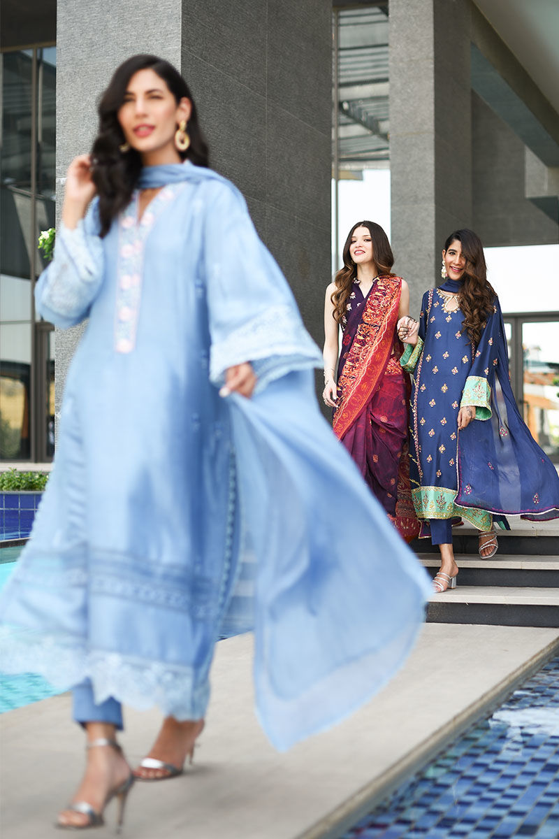 Pakistani Ice Blue Schiffli Embroidered Raw Silk Salwar Kameez (3-Piece) - Image 5