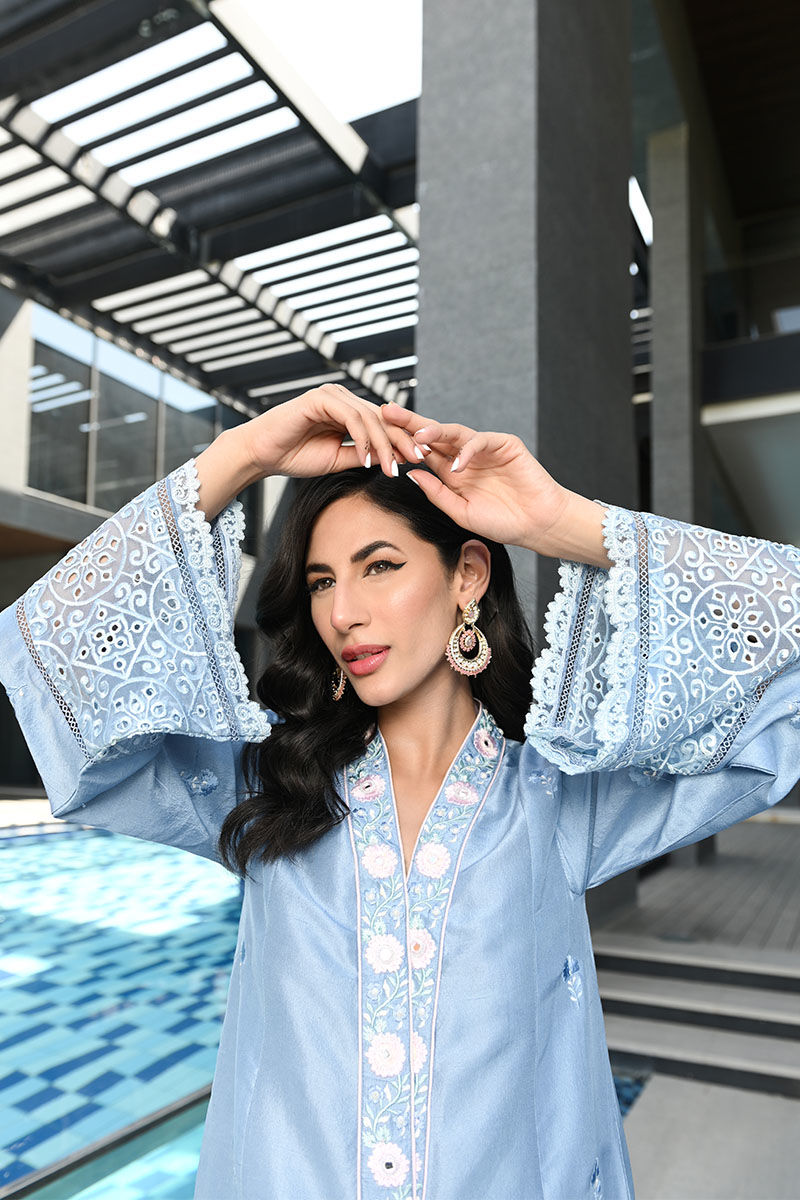 Pakistani Ice Blue Schiffli Embroidered Raw Silk Salwar Kameez (3-Piece) - Image 6