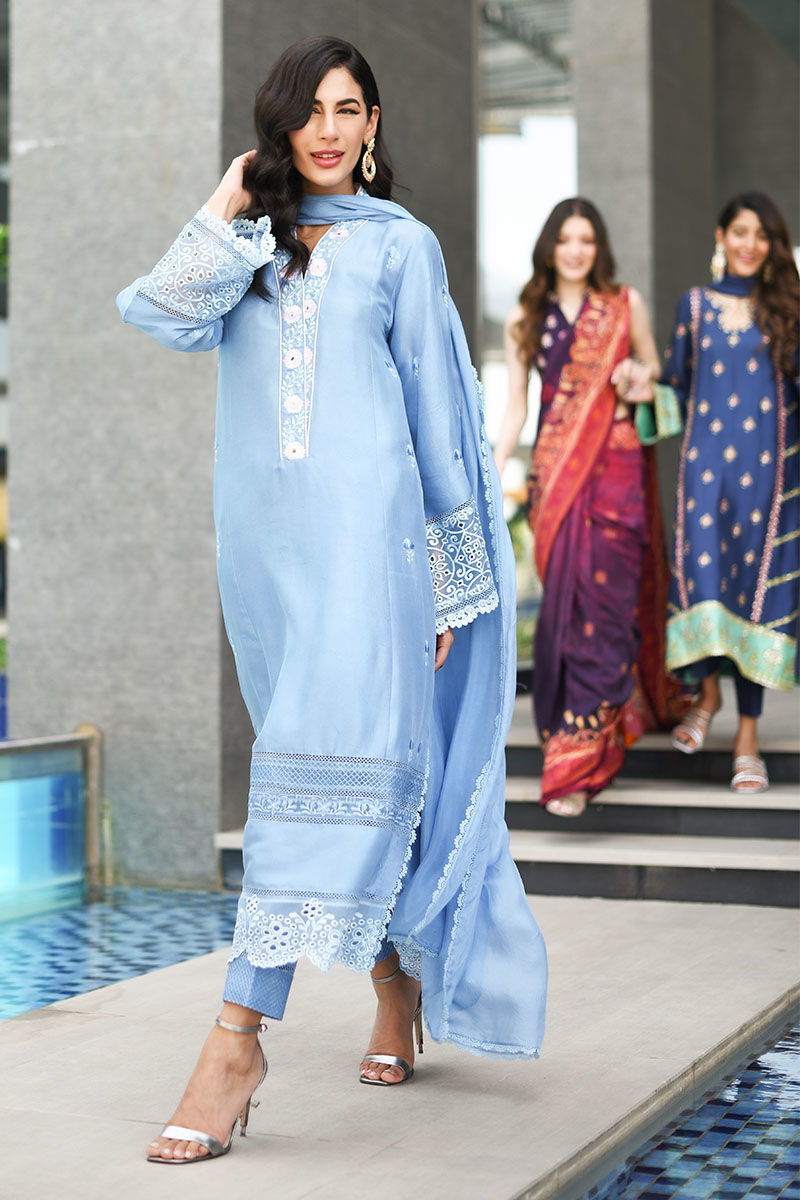Pakistani Ice Blue Schiffli Embroidered Raw Silk Salwar Kameez (3-Piece) - Image 7
