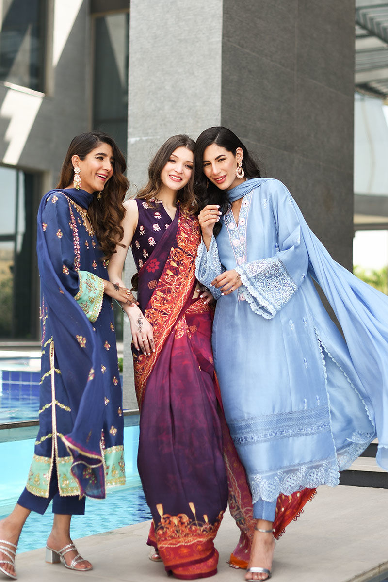 Pakistani Ice Blue Schiffli Embroidered Raw Silk Salwar Kameez (3-Piece) - Image 8