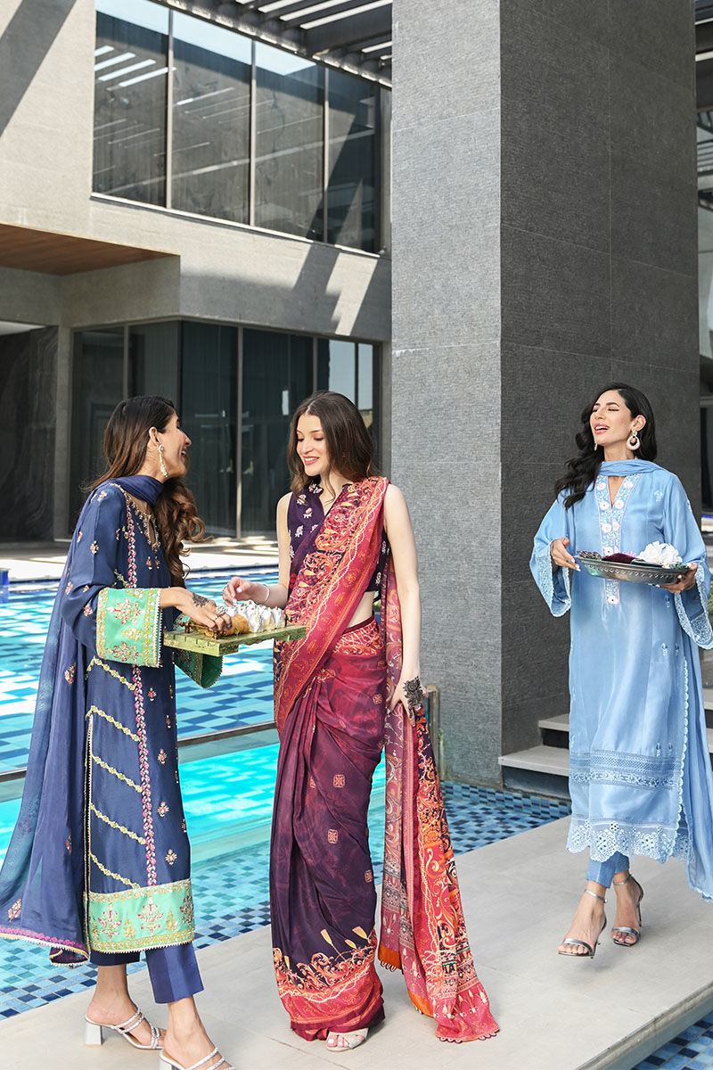 Pakistani Ice Blue Schiffli Embroidered Raw Silk Salwar Kameez (3-Piece) - Image 9