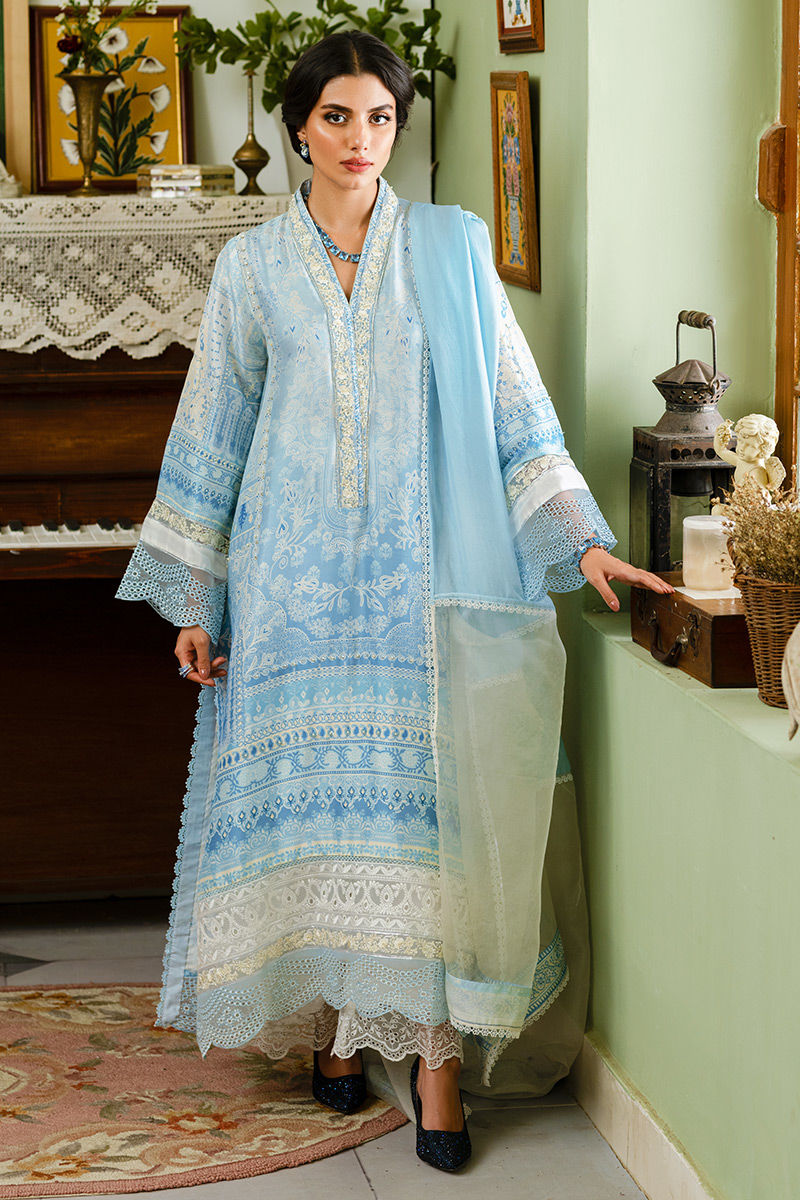 Pakistani Ombre Blue Embroidered Raw Silk Salwar Kameez (3-Piece) - Image 1