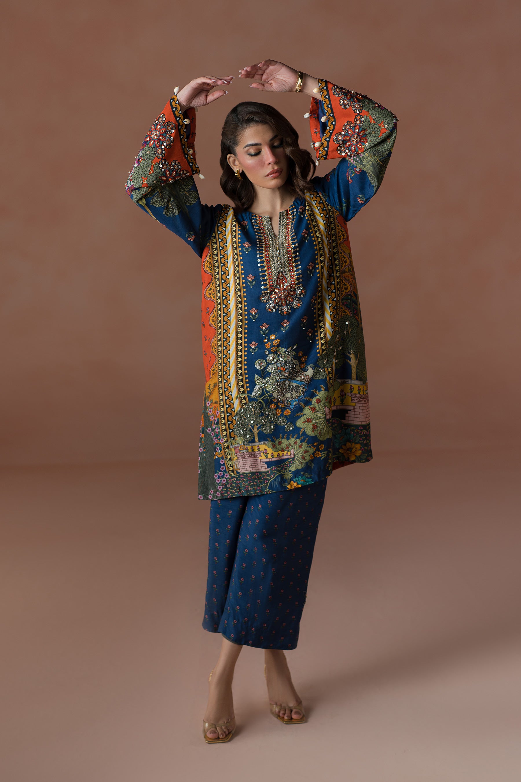 Blue Printed & Embellished Silk Co-ord Set (2-Piece) - Image 1