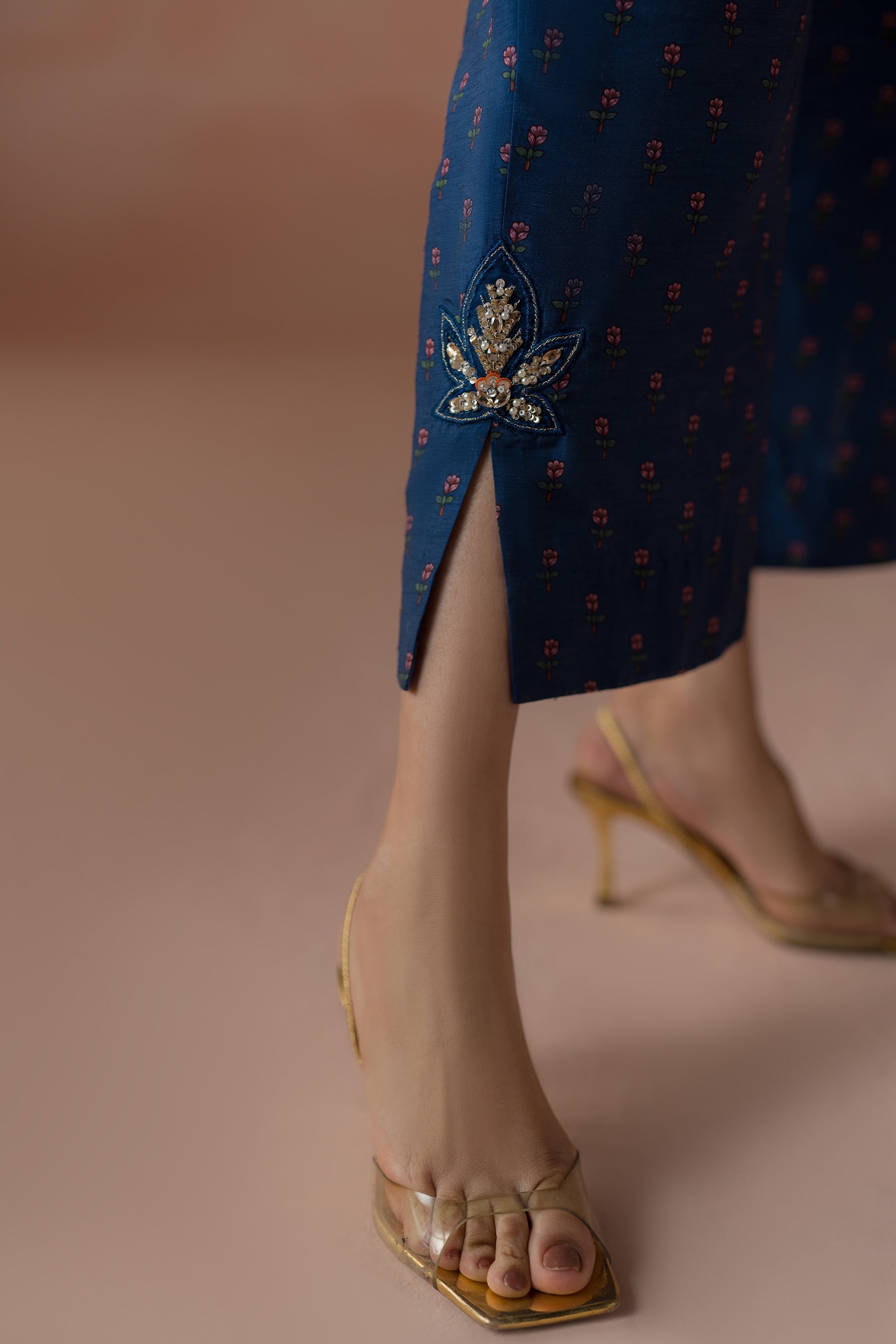 Blue Printed & Embellished Silk Co-ord Set (2-Piece) - Image 3