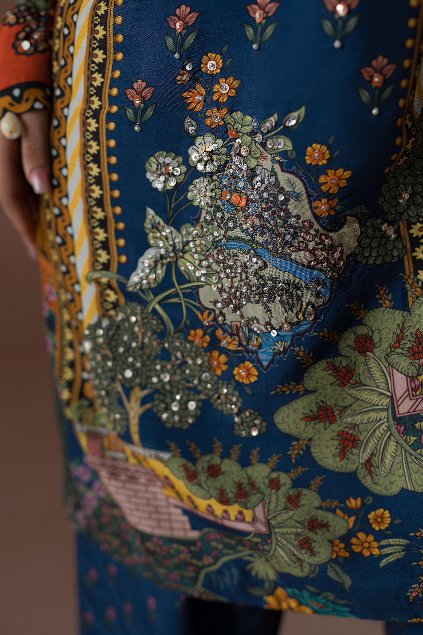 Blue Printed & Embellished Silk Co-ord Set (2-Piece) - Image 4