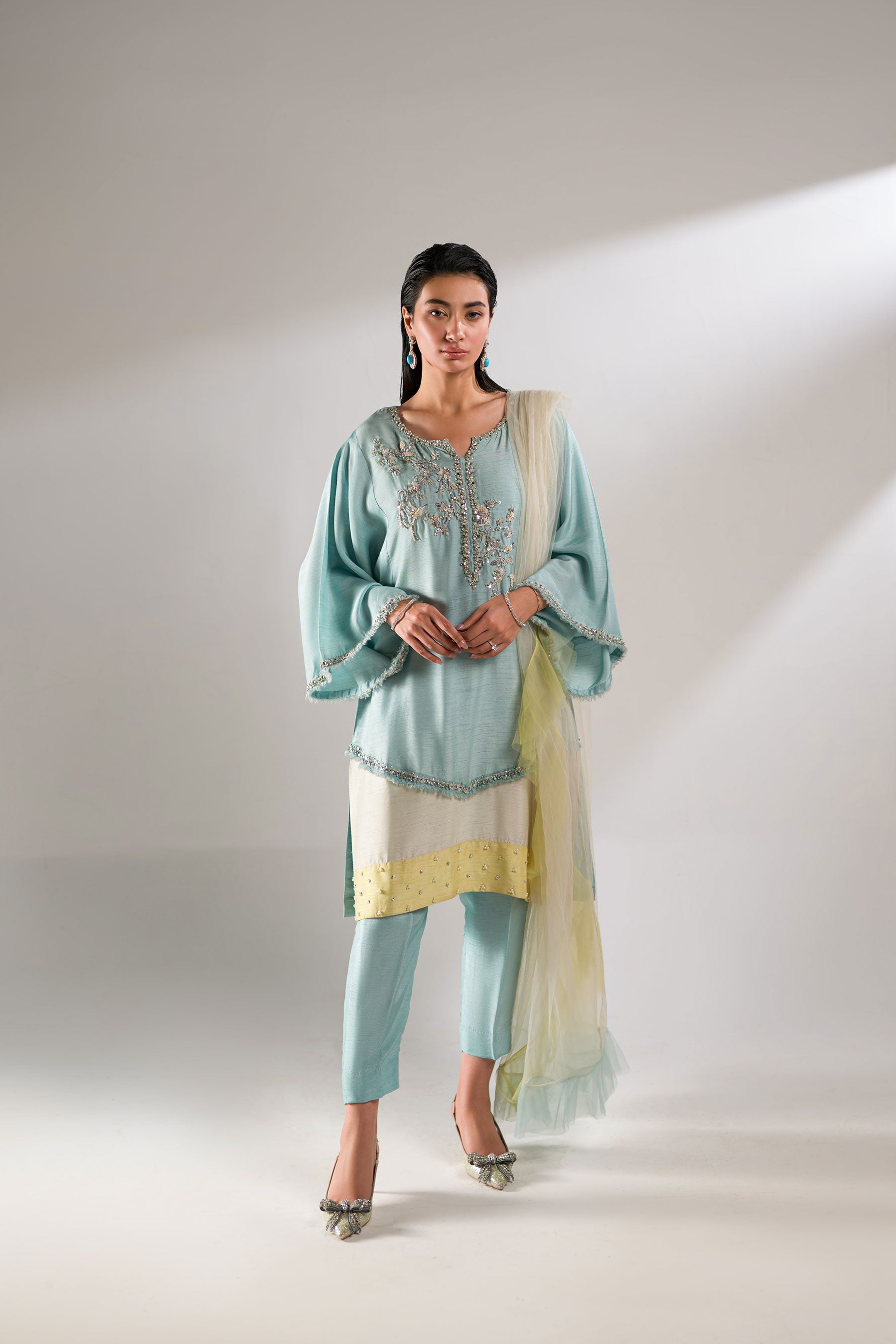 Pakistani Aqua Blue Crystal Embellished Silk Salwar Kameez (3-Piece) - Image 2