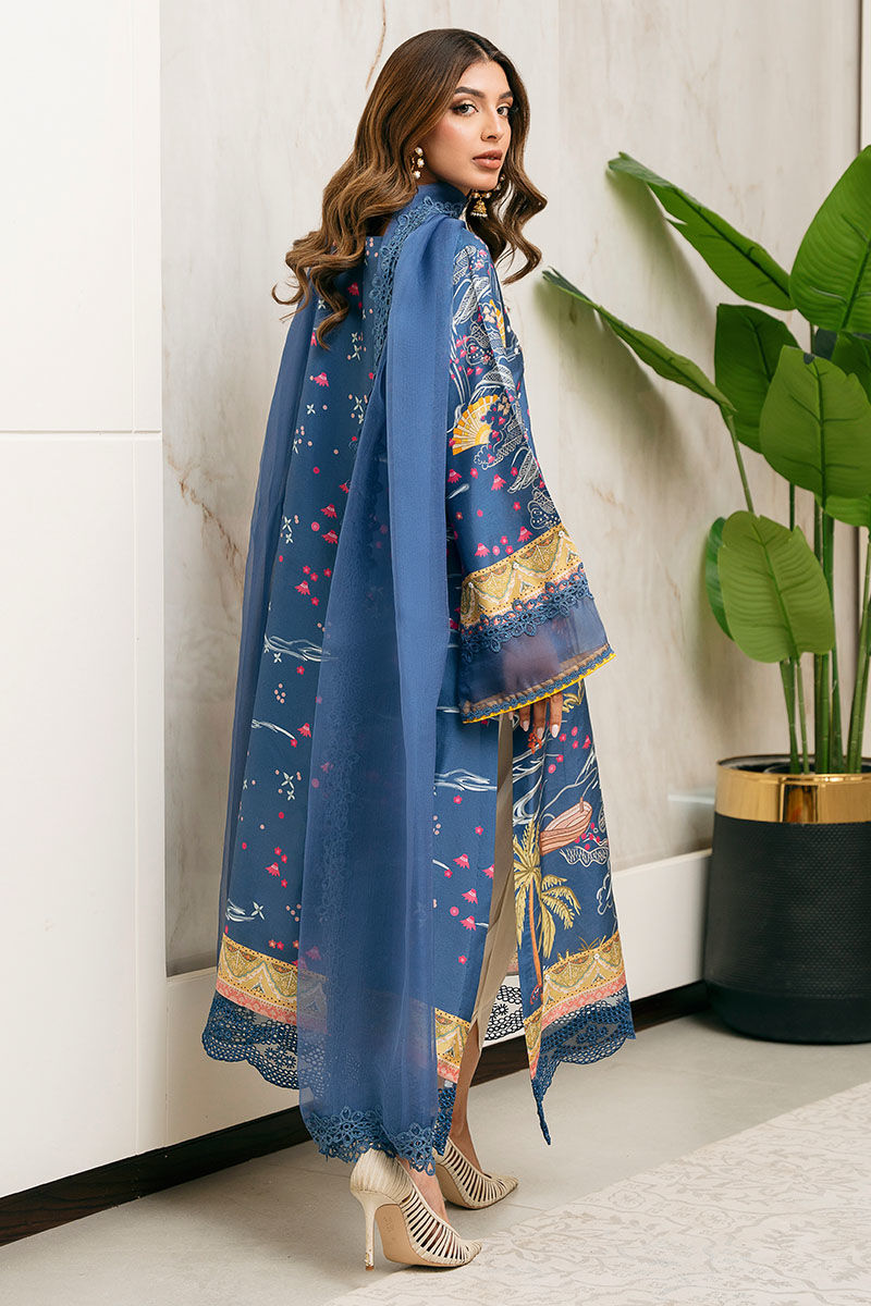 Pakistani Blue Embellished Pure Raw Silk Salwar Kameez (3-Piece) - Image 2