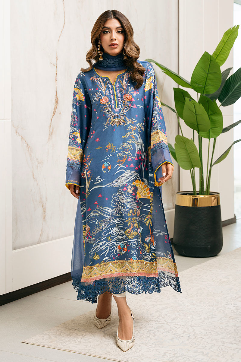 Pakistani Blue Embellished Pure Raw Silk Salwar Kameez (3-Piece) - Image 3