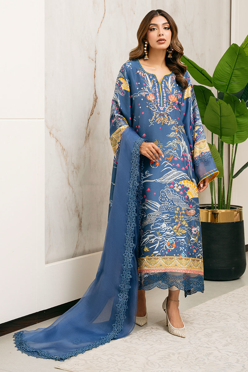 Pakistani Blue Embellished Pure Raw Silk Salwar Kameez (3-Piece) - Image 7