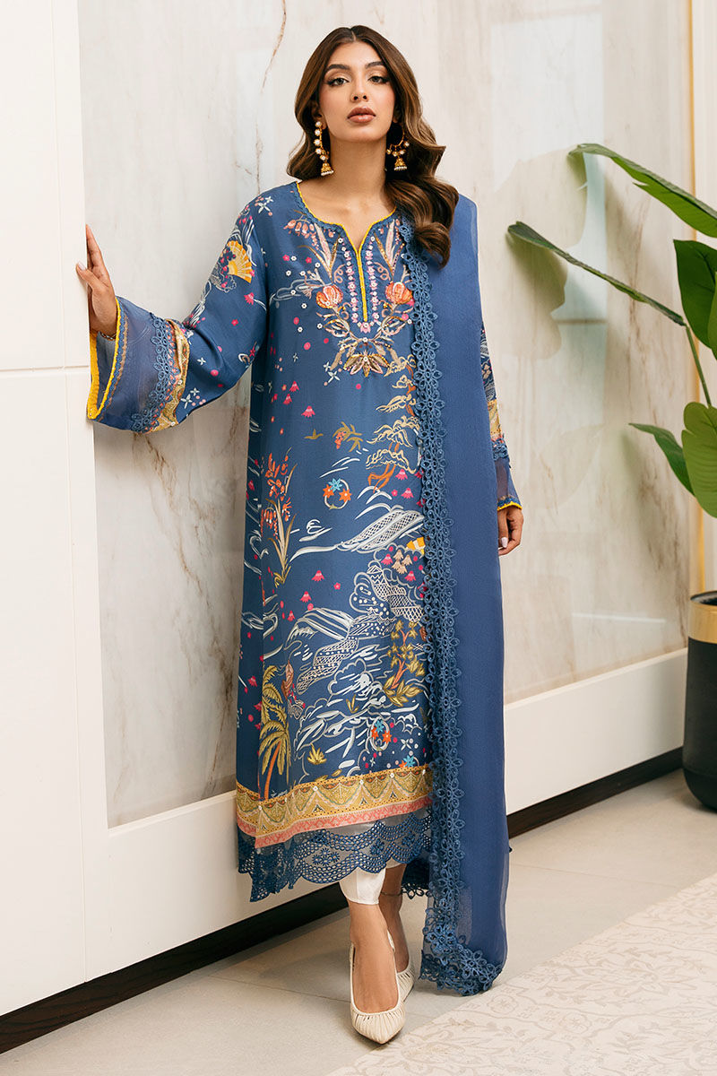 Blue Printed Pure Raw Silk Shirt & Dupatta (2-Piece) - Image 1
