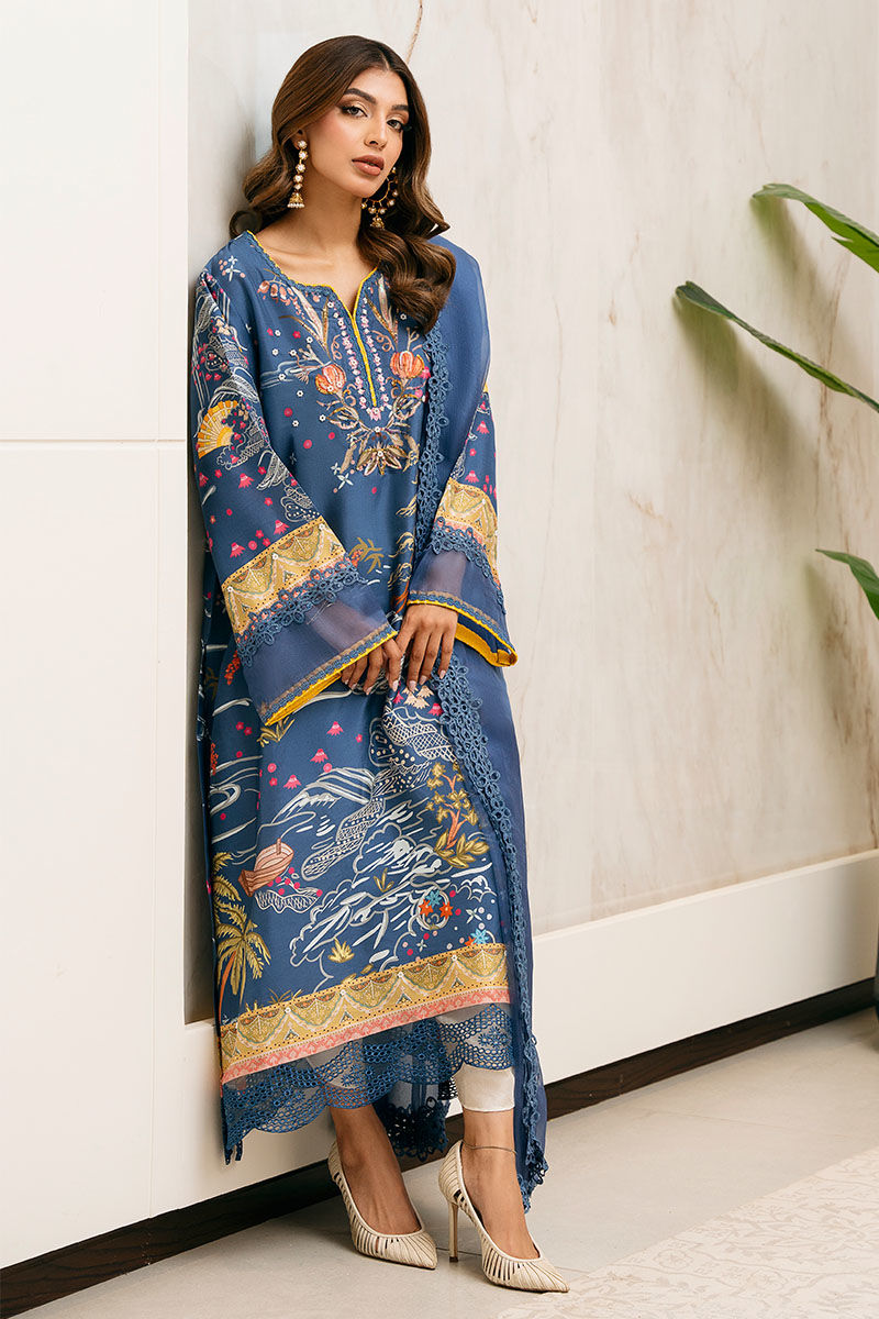 Blue Printed Pure Raw Silk Shirt & Dupatta (2-Piece) - Image 2