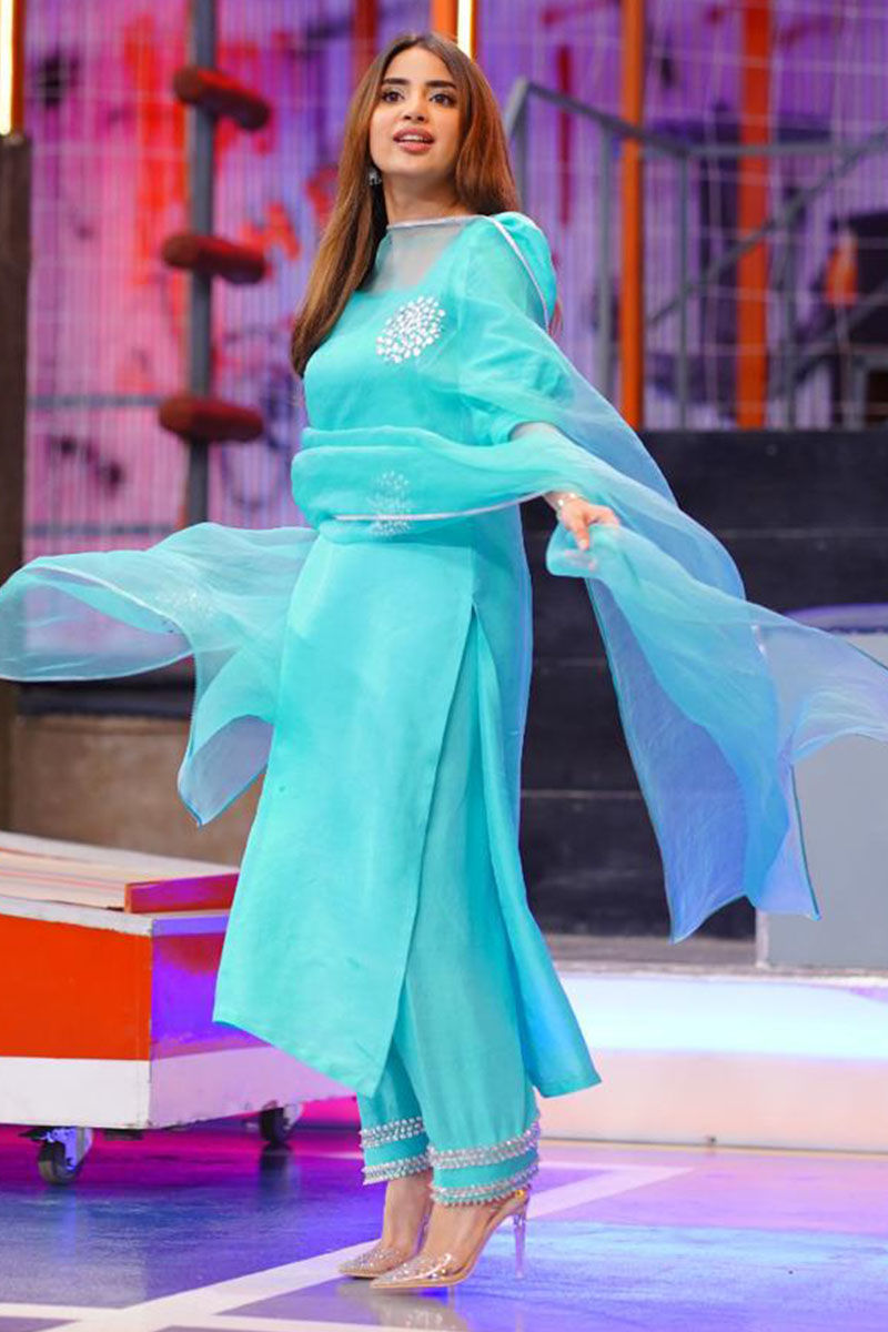 Turquoise Hand-Embellished Raw Silk Salwar Kameez (3-Piece) - Image 3