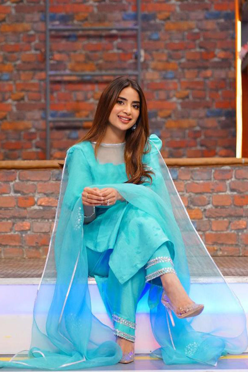 Turquoise Hand-Embellished Raw Silk Salwar Kameez (3-Piece) - Image 4