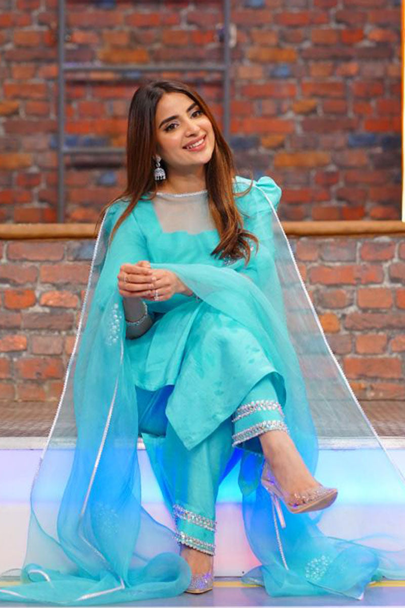 Turquoise Hand-Embellished Raw Silk Salwar Kameez (3-Piece) - Image 6