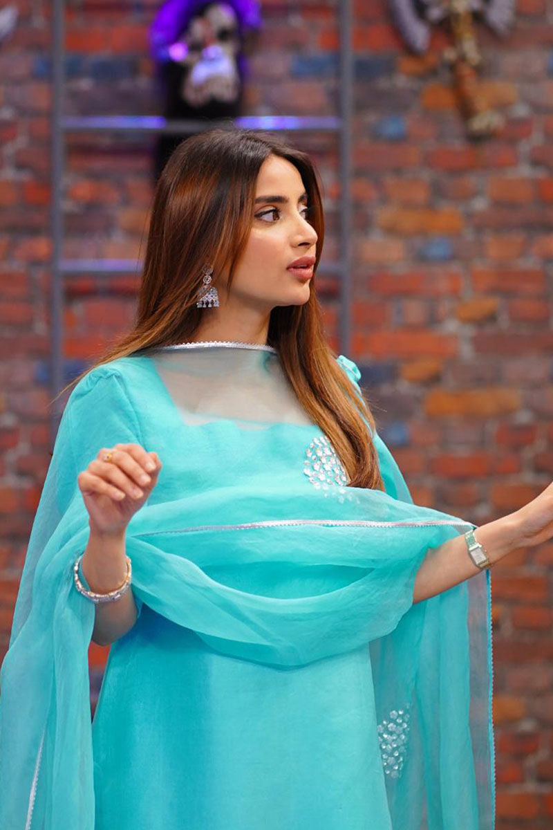 Turquoise Hand-Embellished Raw Silk Salwar Kameez (3-Piece) - Image 8