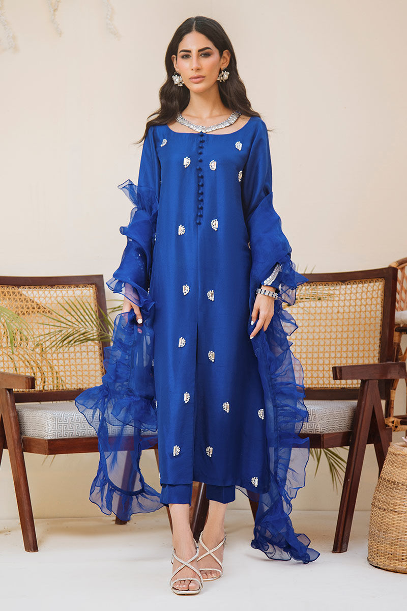 Pakistani Electric Blue Embellished Raw Silk Salwar Kameez (3-Piece) - Image 1