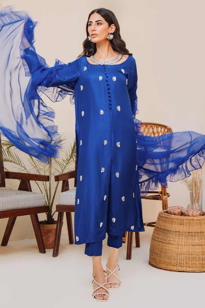 Pakistani Electric Blue Embellished Raw Silk Salwar Kameez (3-Piece) - Image 2