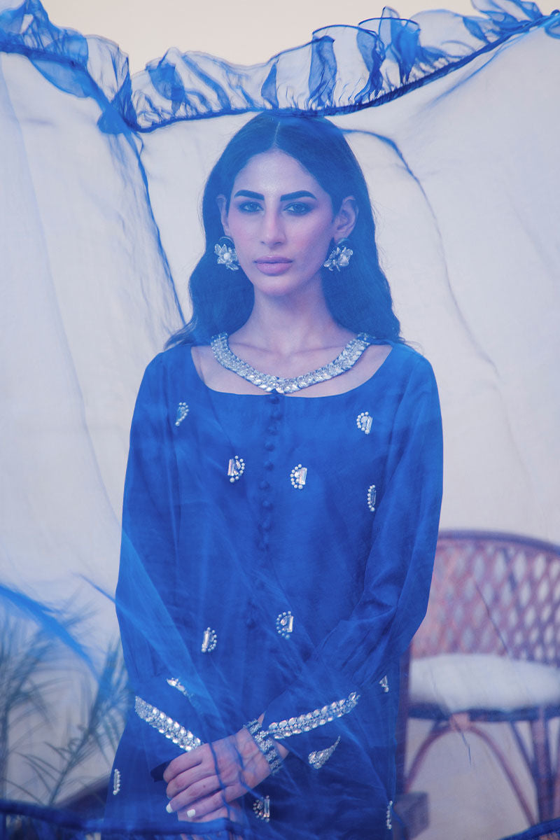 Pakistani Electric Blue Embellished Raw Silk Salwar Kameez (3-Piece) - Image 4
