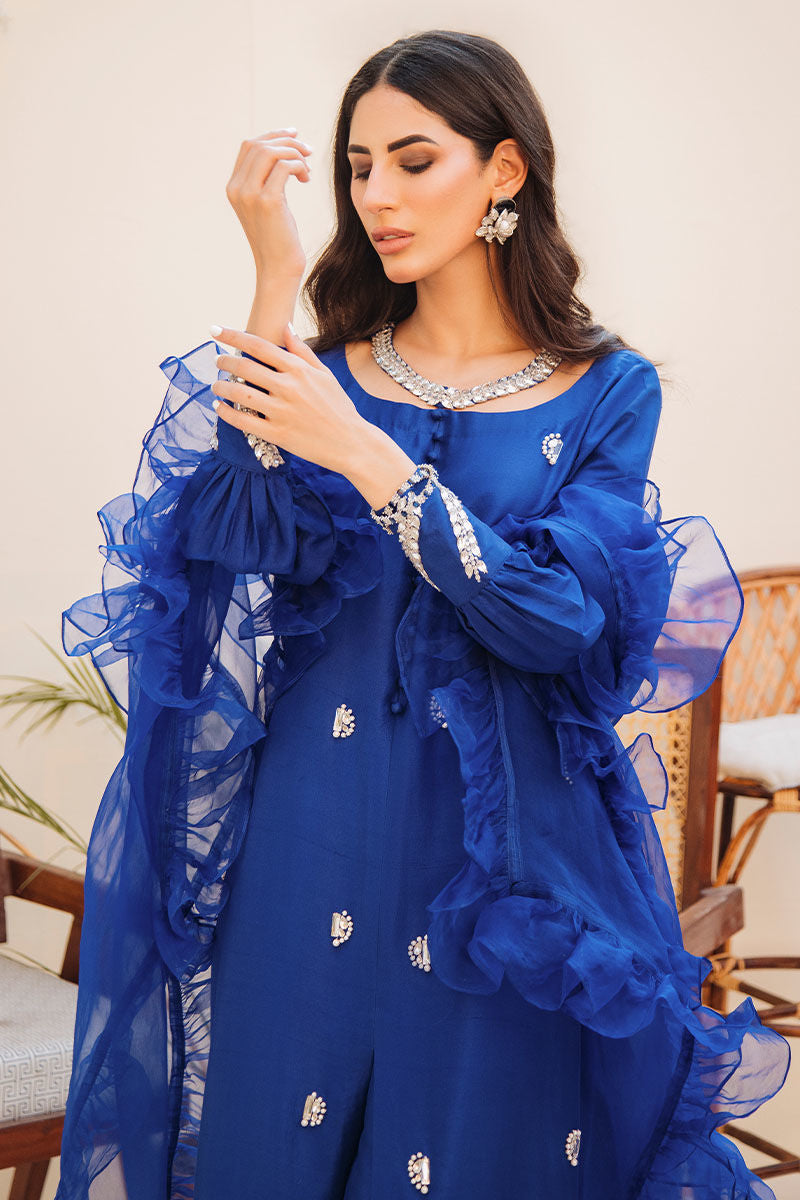Pakistani Electric Blue Embellished Raw Silk Salwar Kameez (3-Piece) - Image 5