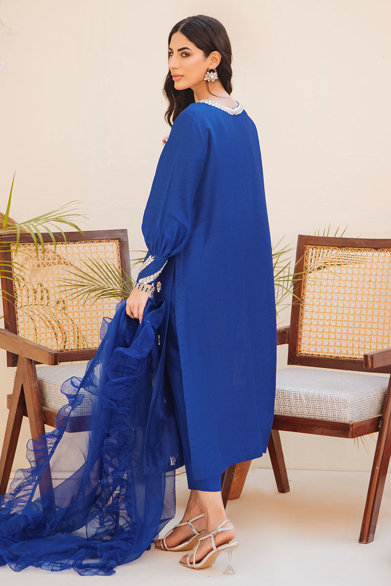 Pakistani Electric Blue Embellished Raw Silk Salwar Kameez (3-Piece) - Image 6