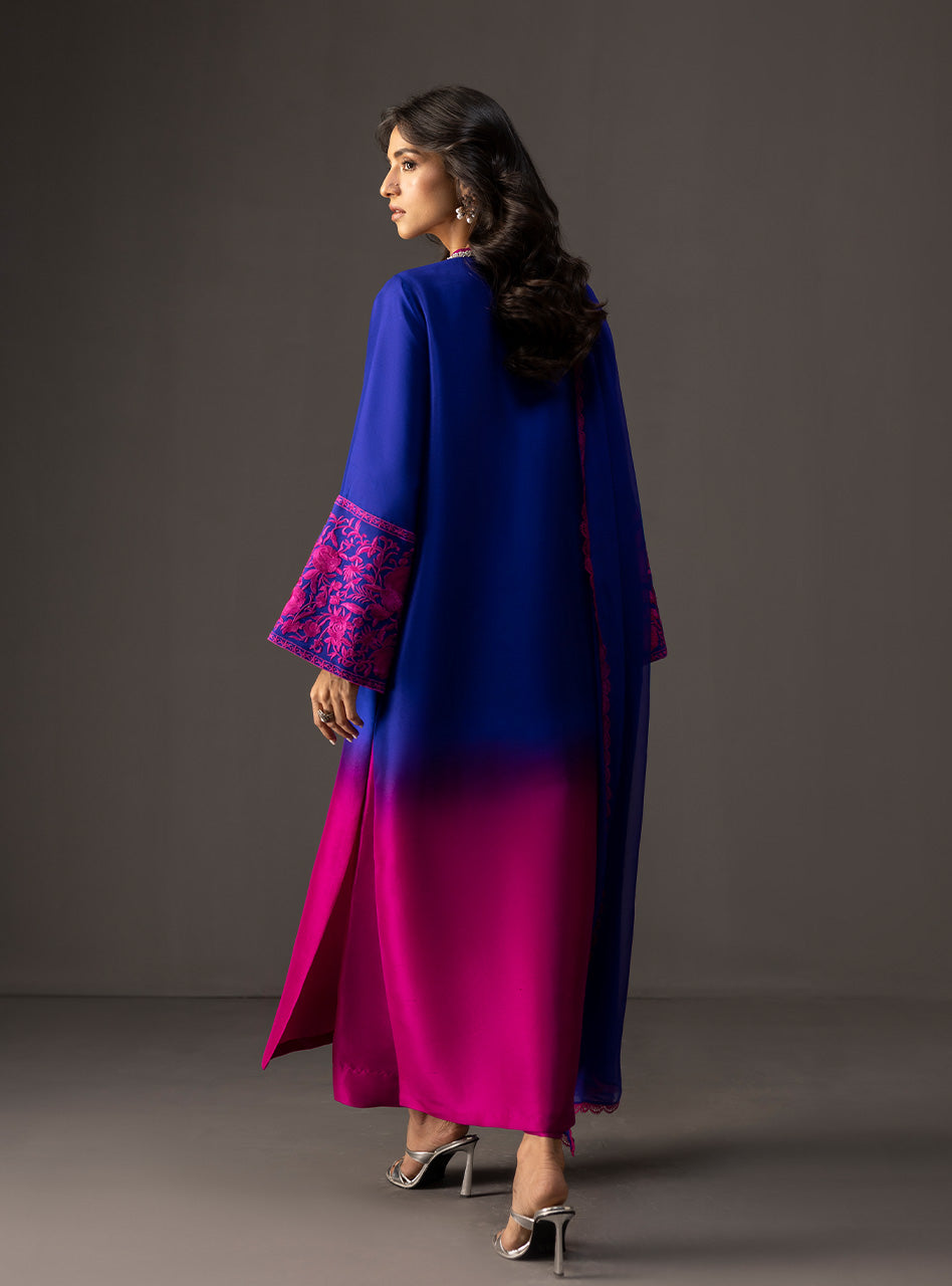 Pakistani Fuchsia and Sapphire Embroidered Raw Silk Salwar Kameez (3-Piece) - Image 3