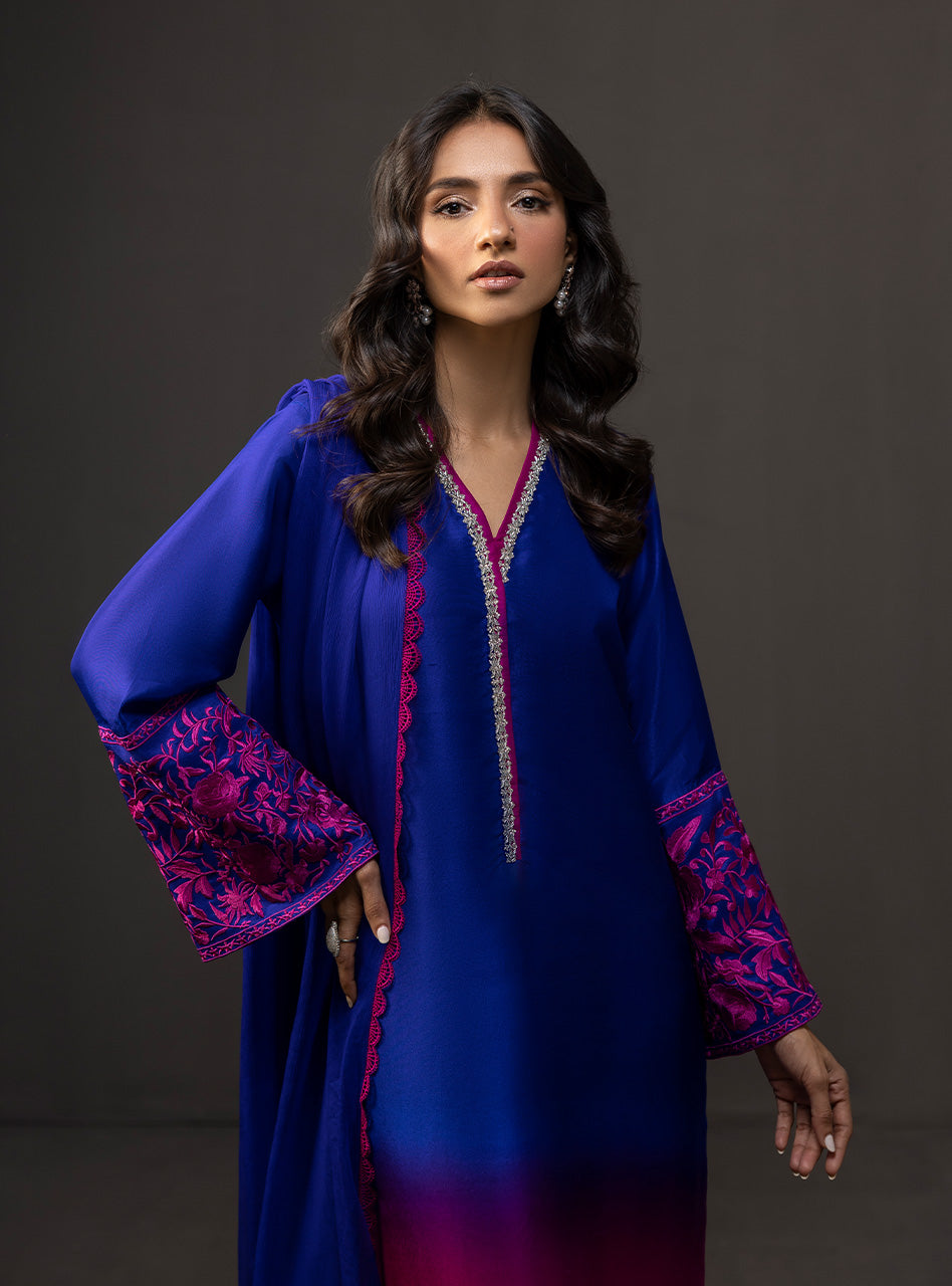 Pakistani Fuchsia and Sapphire Embroidered Raw Silk Salwar Kameez (3-Piece) - Image 4