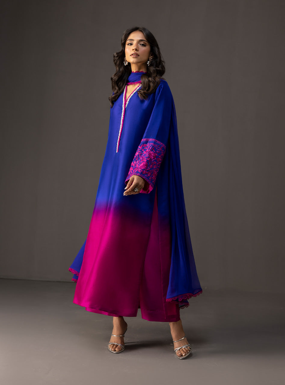 Pakistani Fuchsia and Sapphire Embroidered Raw Silk Salwar Kameez (3-Piece) - Image 6