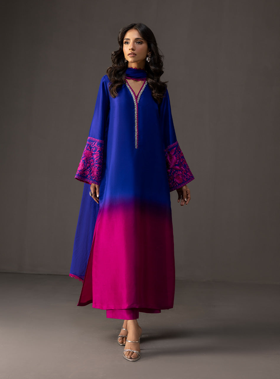 Pakistani Fuchsia and Sapphire Embroidered Raw Silk Salwar Kameez (3-Piece) - Image 7