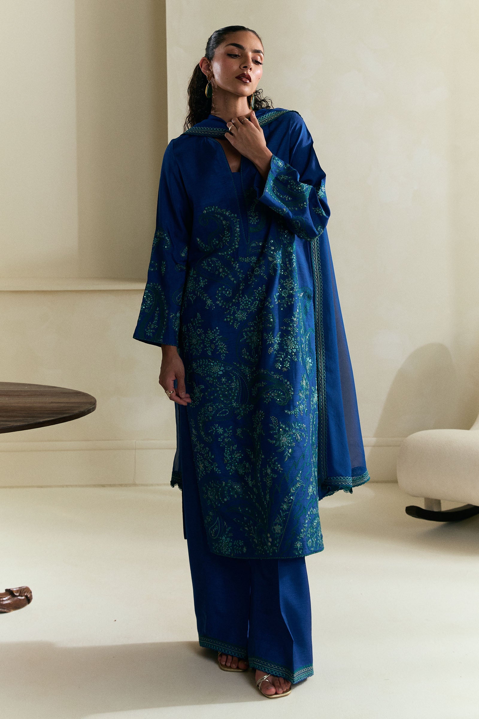 Cobalt Blue Embroidered Raw Silk Salwar Kameez (3-Piece) - Image 1